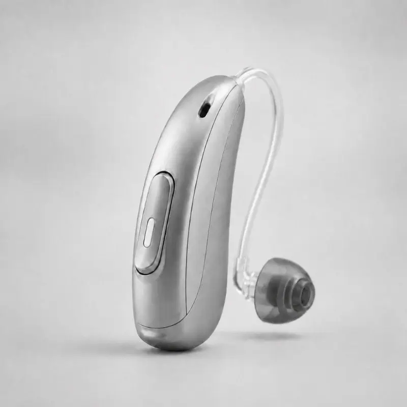 Audífono de alta gama referencial en blanco y negro
